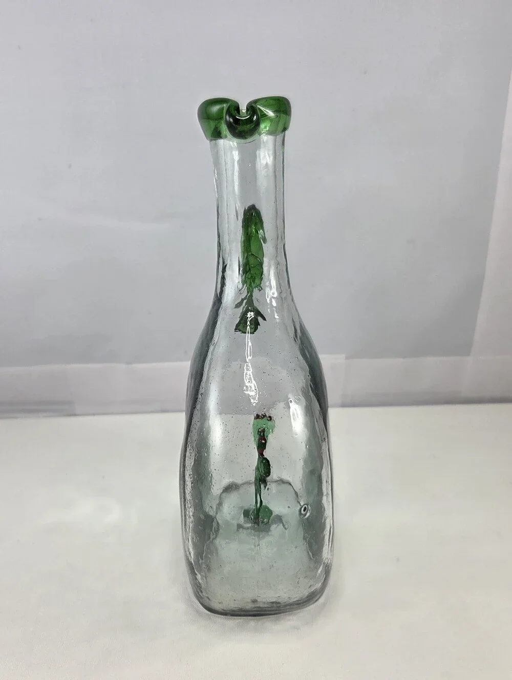 Vintage Mexican Hand-Blown Glass Decanter, Green Cactus Inside Tequila Pitcher
